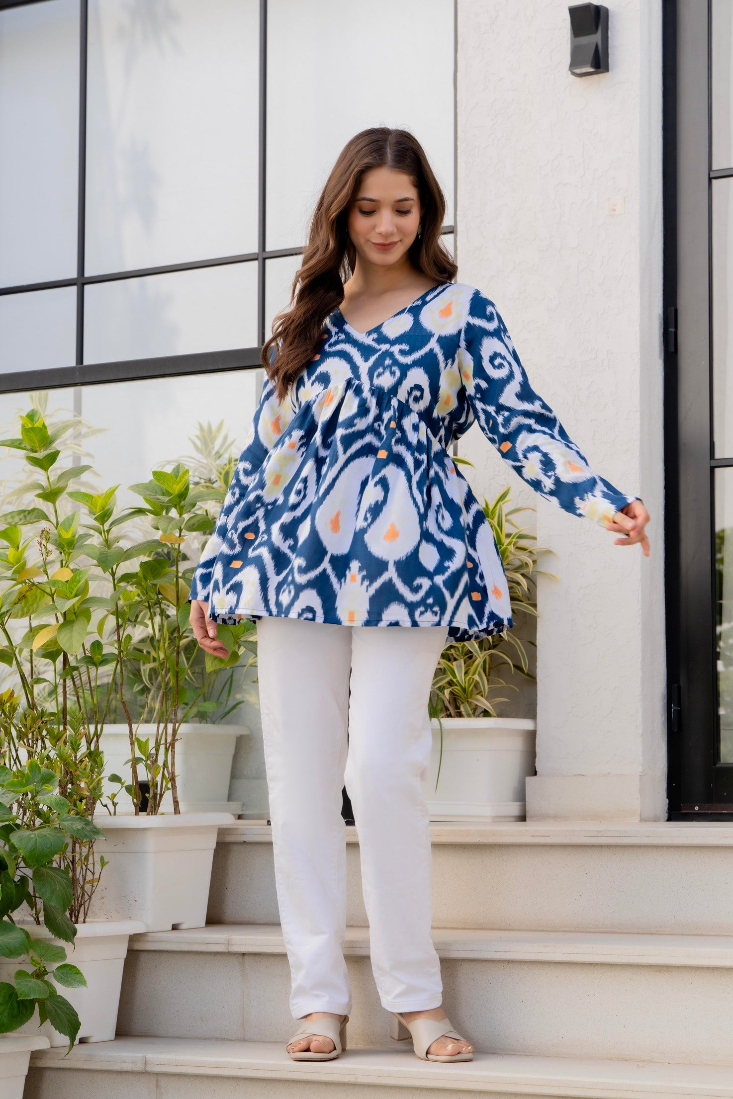 Blue Ikat Printed Cotton Top for Women | Stylish V-Neck Casual College Wear Top