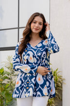 Blue Ikat Printed Cotton Top for Women | Stylish V-Neck Casual College Wear Top