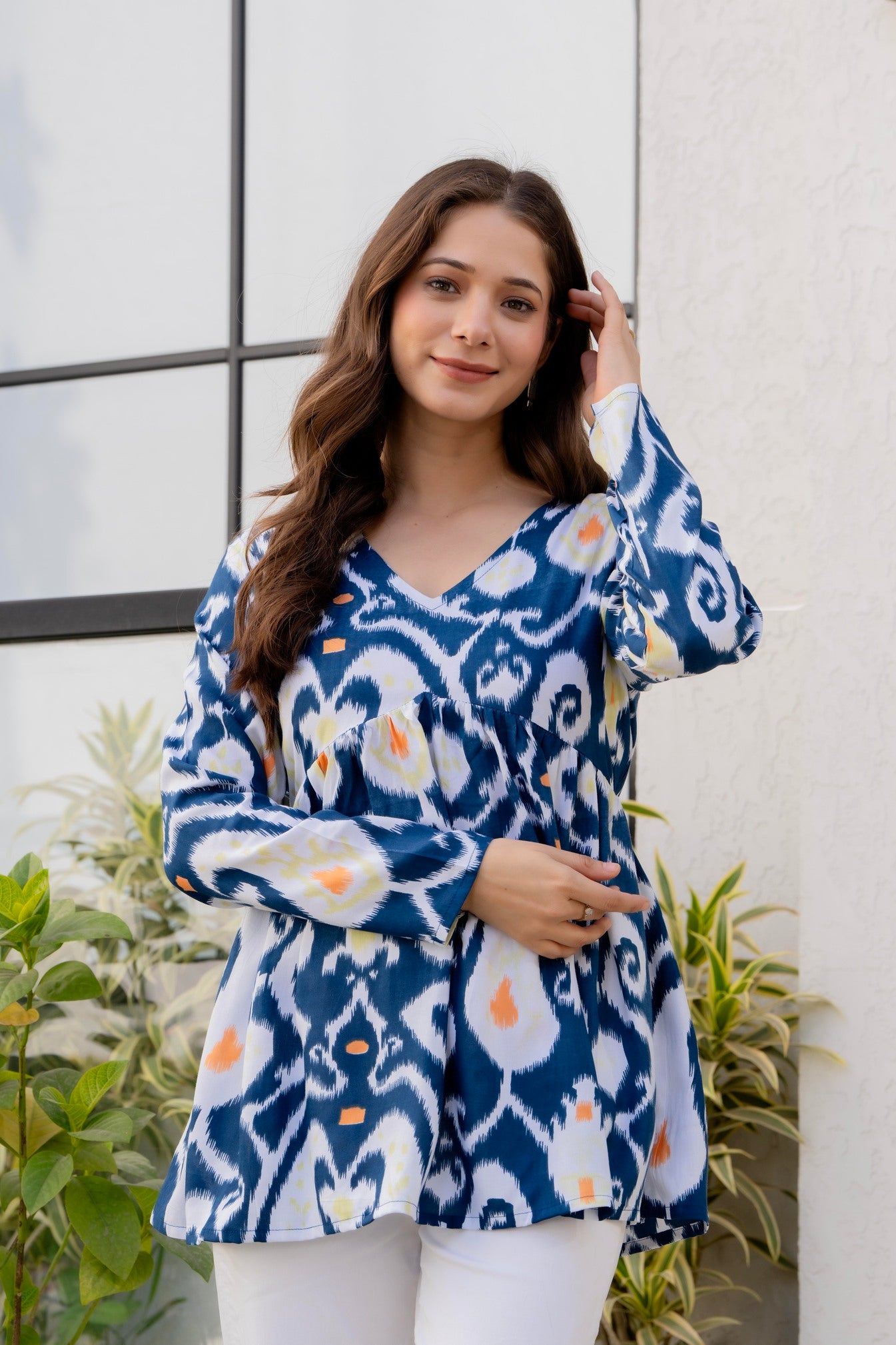 Blue Ikat Printed Cotton Top for Women | Stylish V-Neck Casual College Wear Top