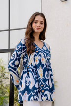 Blue Ikat Printed Cotton Top for Women | Stylish V-Neck Casual College Wear Top
