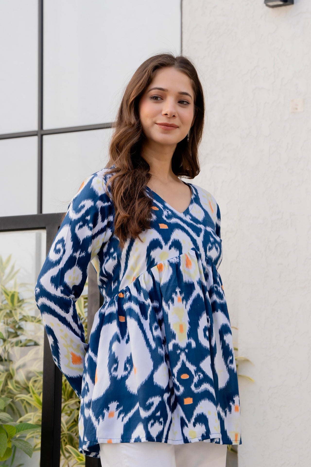 Blue Ikat Printed Cotton Top for Women | Stylish V-Neck Casual College Wear Top