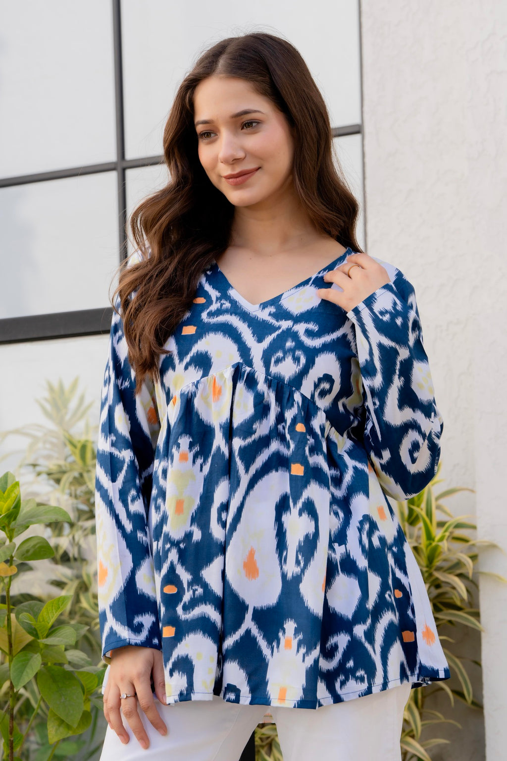 Blue Ikat Printed Cotton Top for Women | Stylish V-Neck Casual College Wear Top