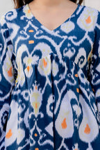 Blue Ikat Printed Cotton Top for Women | Stylish V-Neck Casual College Wear Top
