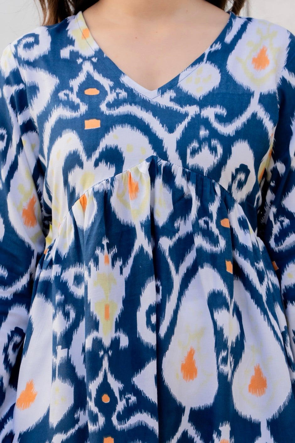 Blue Ikat Printed Cotton Top for Women | Stylish V-Neck Casual College Wear Top