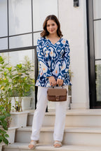 Blue Ikat Printed Cotton Top for Women | Stylish V-Neck Casual College Wear Top