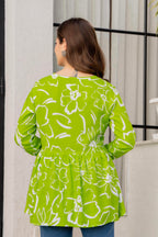 Lime Green Floral Cotton Top for Women | V-Neck Casual College Wear Top