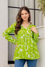 Lime Green Floral Cotton Top for Women | V-Neck Casual College Wear Top