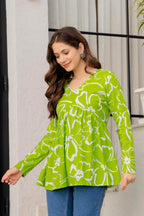 Lime Green Floral Cotton Top for Women | V-Neck Casual College Wear Top