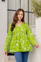 Lime Green Floral Cotton Top for Women | V-Neck Casual College Wear Top