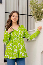 Lime Green Floral Cotton Top for Women | V-Neck Casual College Wear Top
