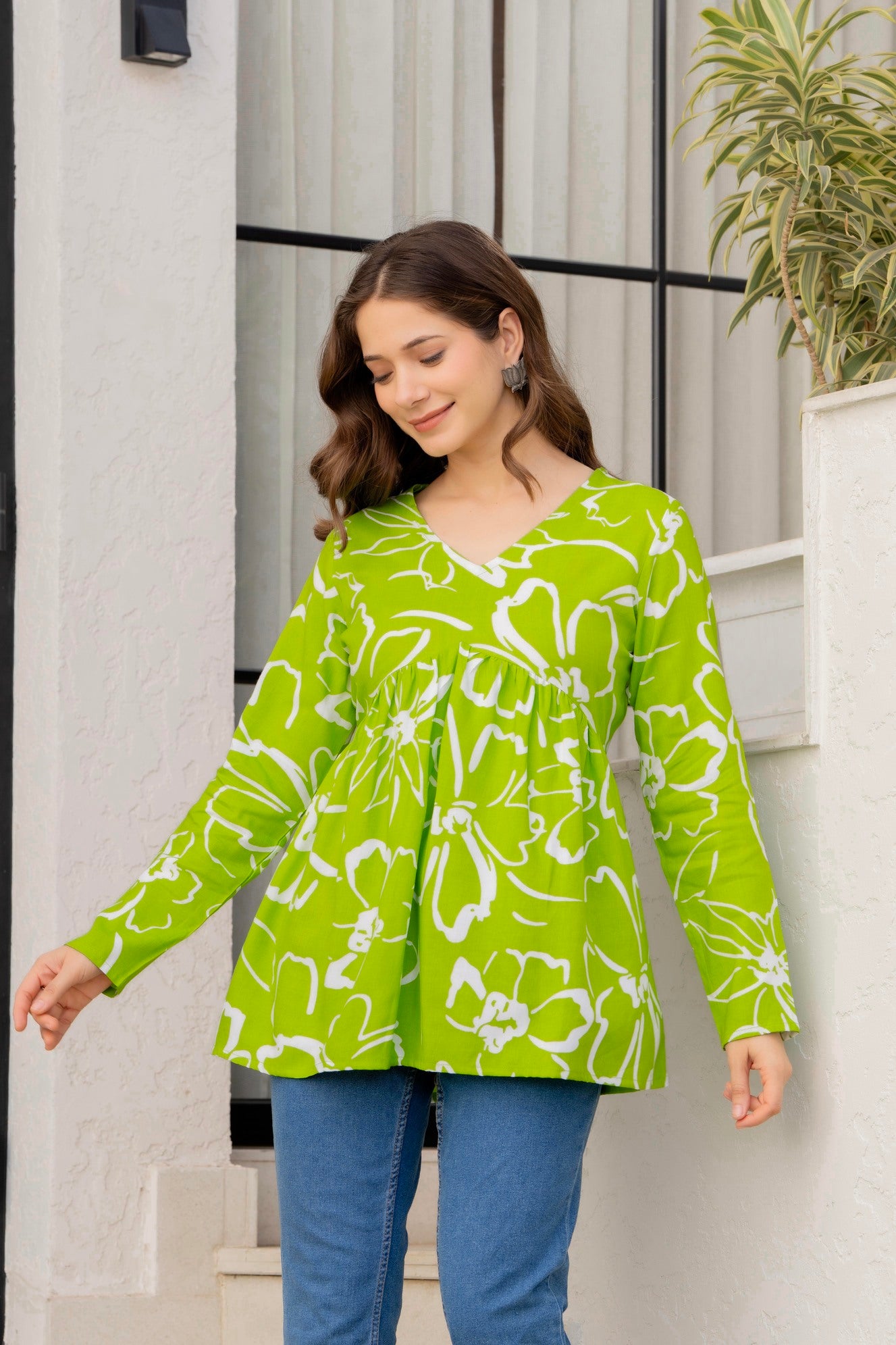 Lime Green Floral Cotton Top for Women | V-Neck Casual College Wear Top