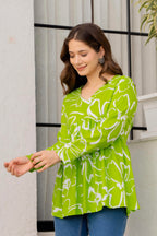Lime Green Floral Cotton Top for Women | V-Neck Casual College Wear Top
