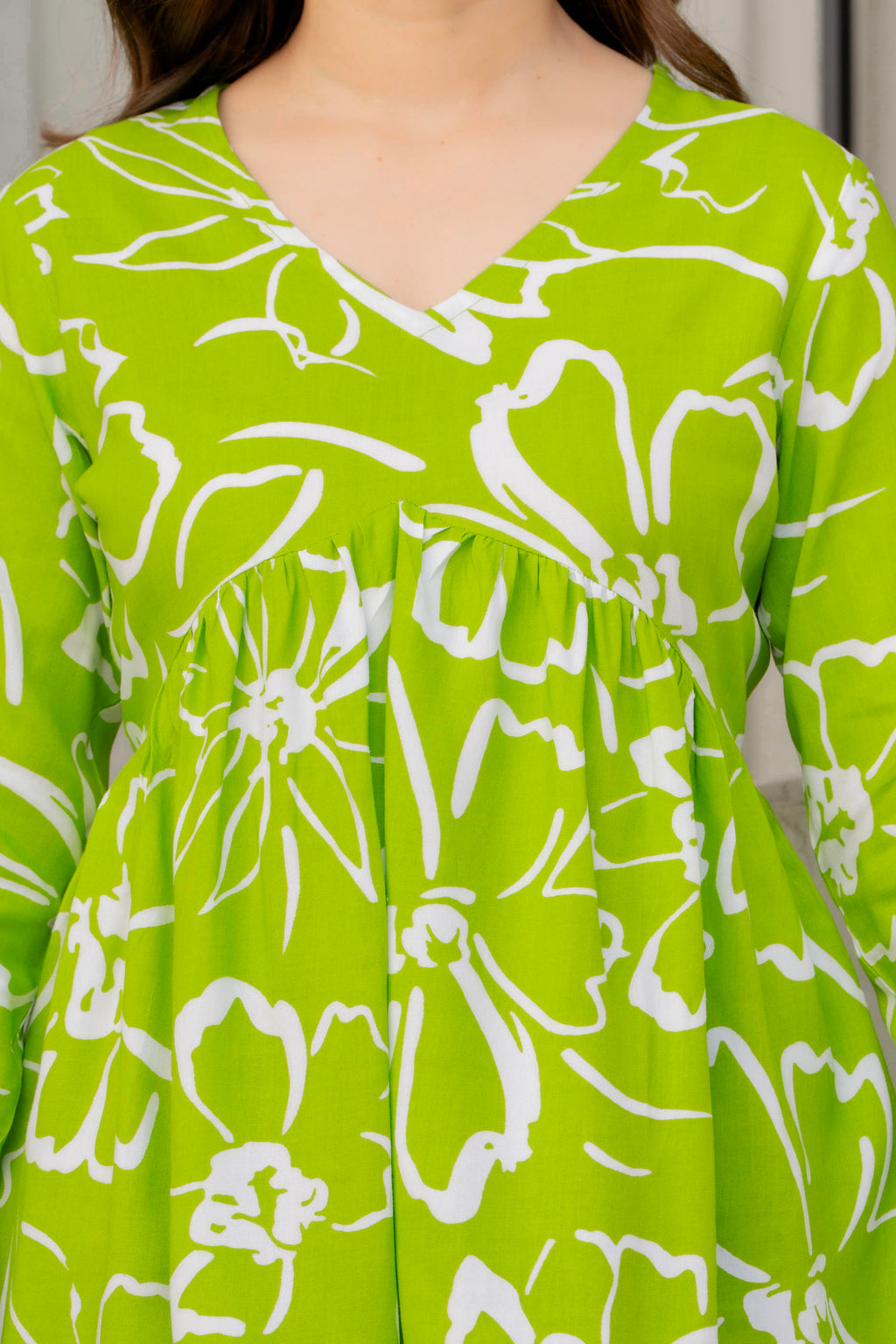 Lime Green Floral Cotton Top for Women | V-Neck Casual College Wear Top