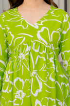 Lime Green Floral Cotton Top for Women | V-Neck Casual College Wear Top