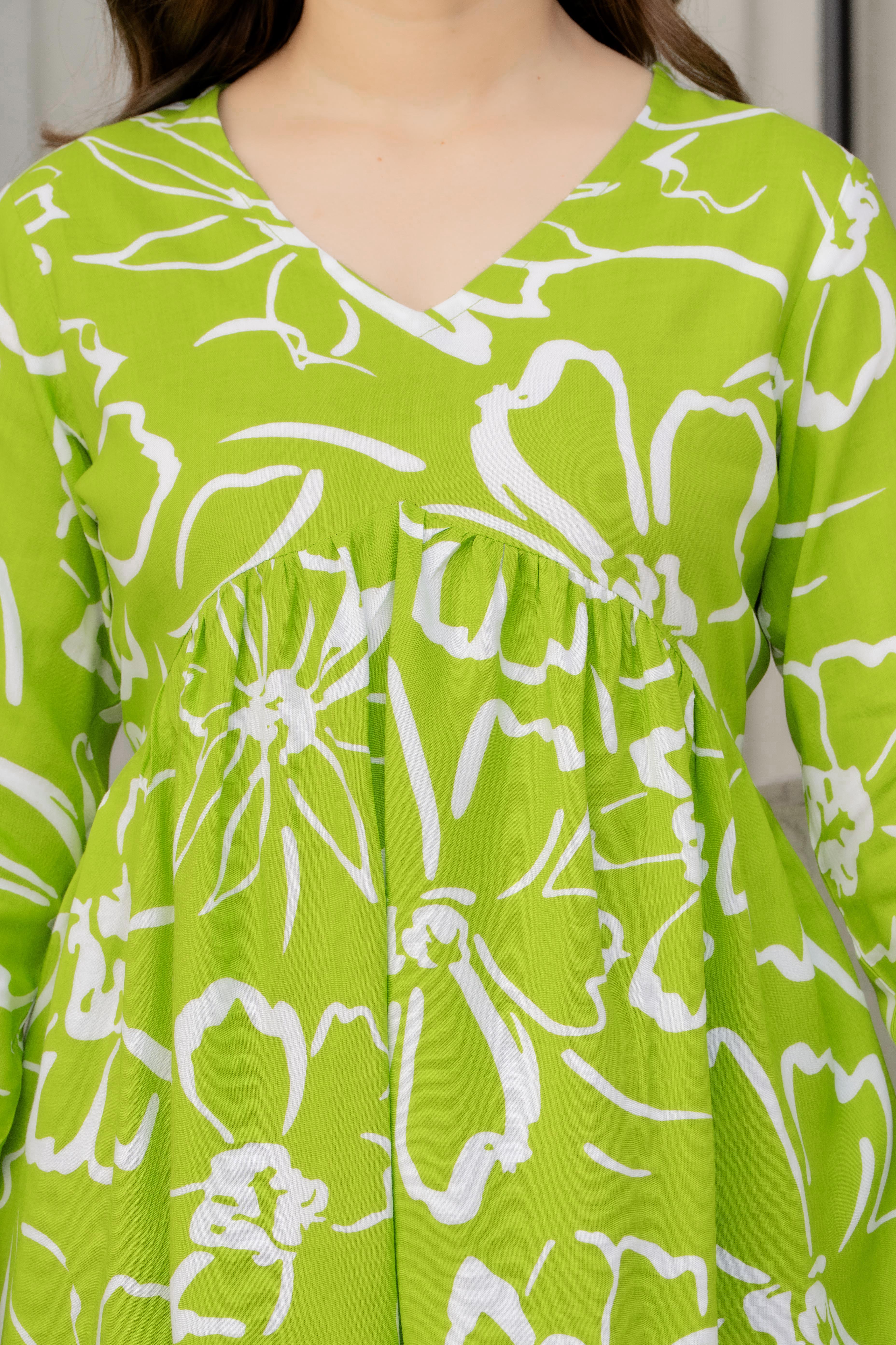 Lime Green Floral Cotton Top for Women | V-Neck Casual College Wear Top