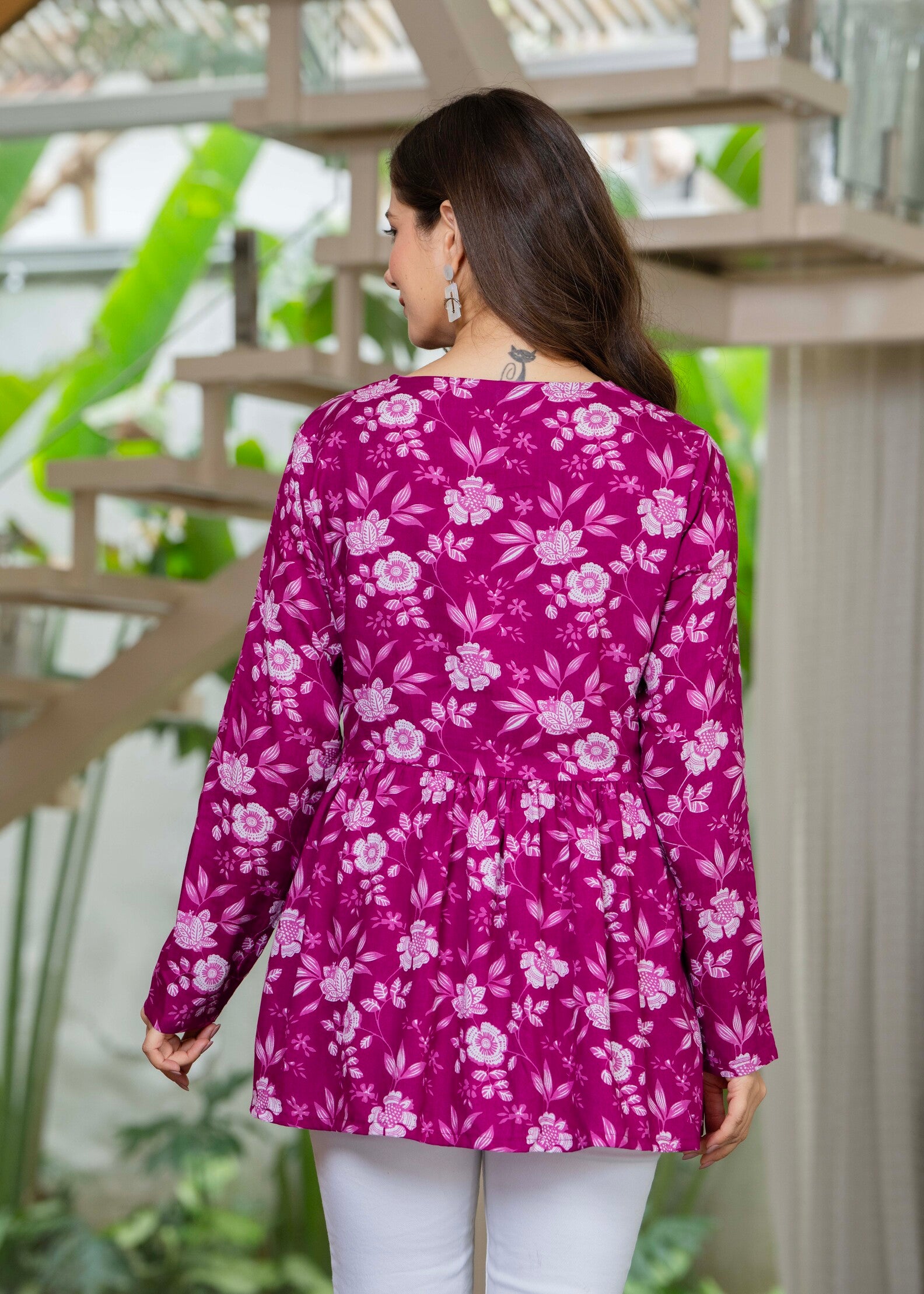 Magenta Floral Cotton Top for Women | V-Neck Casual College Wear Top