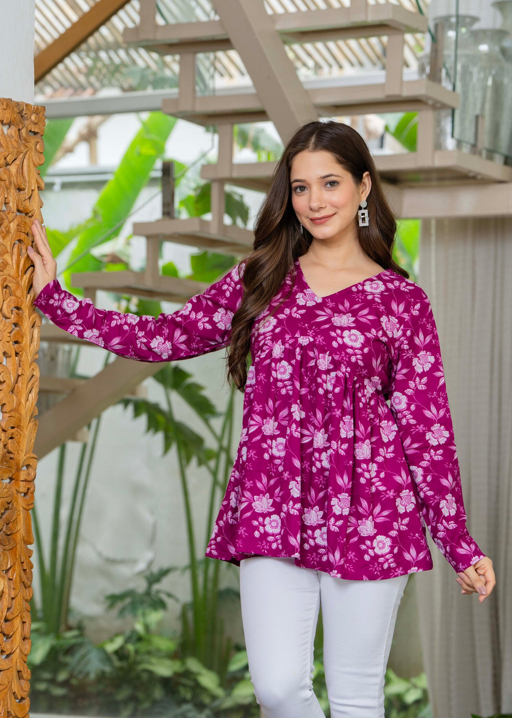 Magenta Floral Cotton Top for Women | V-Neck Casual College Wear Top