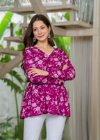 Magenta Floral Cotton Top for Women | V-Neck Casual College Wear Top