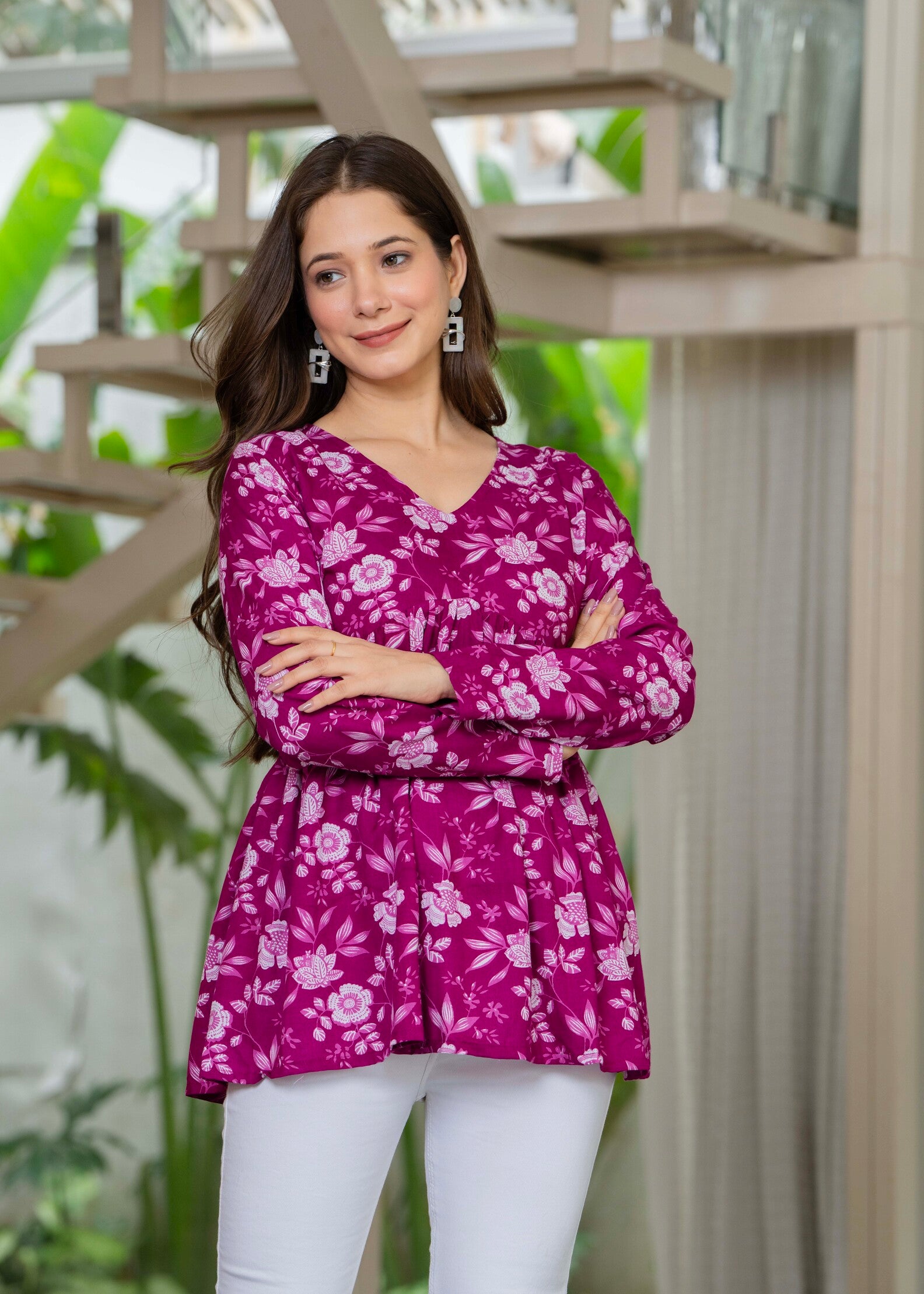 Magenta Floral Cotton Top for Women | V-Neck Casual College Wear Top