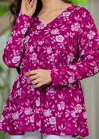 Magenta Floral Cotton Top for Women | V-Neck Casual College Wear Top