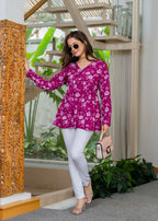 Magenta Floral Cotton Top for Women | V-Neck Casual College Wear Top