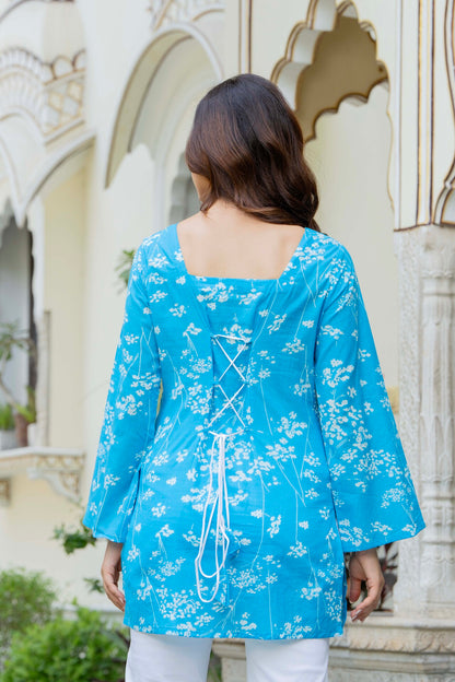 Sky Blue Floral Cotton Top for Women | Elegant Relaxed Fit Summer Top