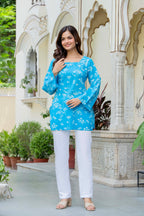Sky Blue Floral Cotton Top for Women | Elegant Relaxed Fit Summer Top