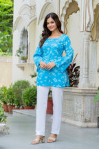 Sky Blue Floral Cotton Top for Women | Elegant Relaxed Fit Summer Top