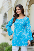 Sky Blue Floral Cotton Top for Women | Elegant Relaxed Fit Summer Top