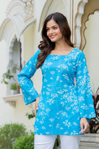 Sky Blue Floral Cotton Top for Women | Elegant Relaxed Fit Summer Top