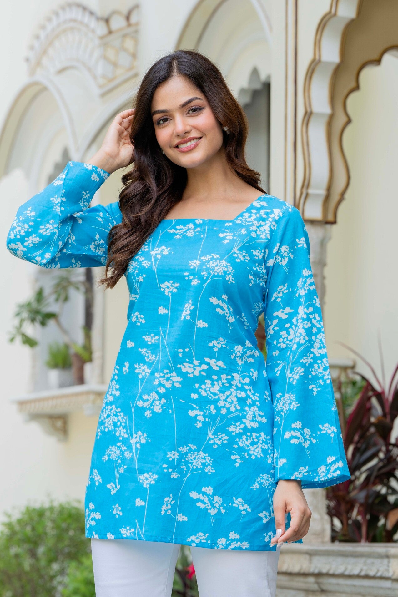 Sky Blue Floral Cotton Top for Women | Elegant Relaxed Fit Summer Top