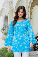 Sky Blue Floral Cotton Top for Women | Elegant Relaxed Fit Summer Top