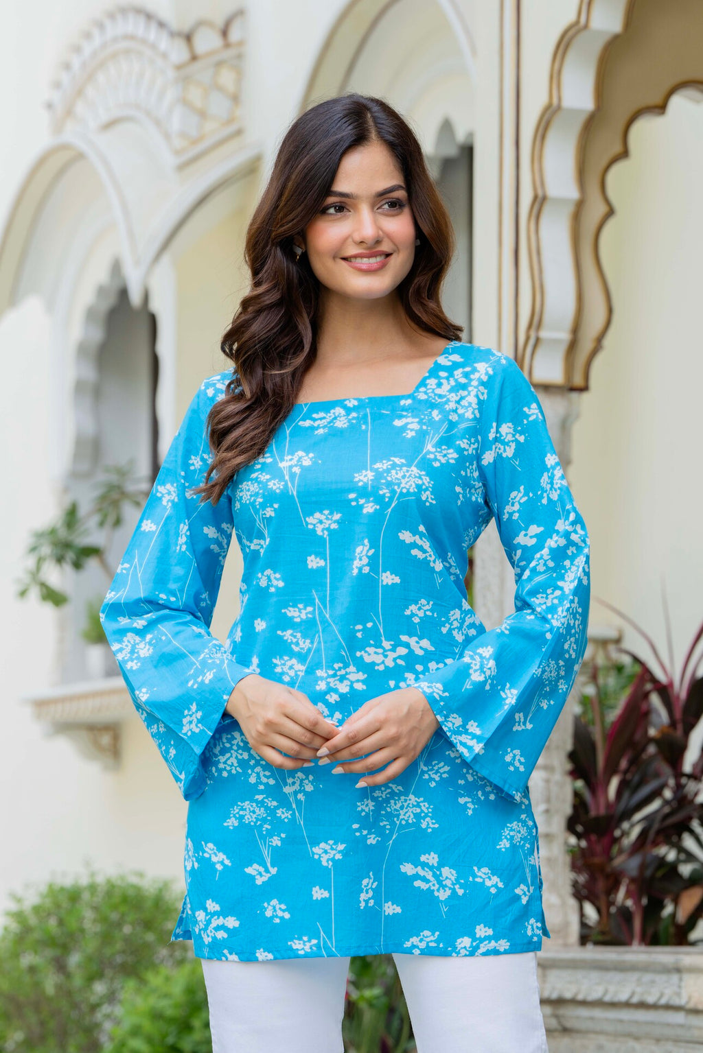 Sky Blue Floral Cotton Top for Women | Elegant Relaxed Fit Summer Top