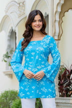 Sky Blue Floral Cotton Top for Women | Elegant Relaxed Fit Summer Top