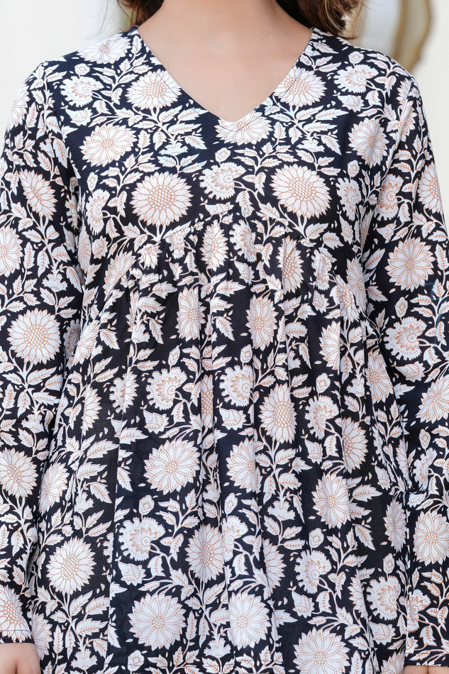 Black & Beige Cotton Peplum Top for Women | Flowy Floral Smart Casual Top