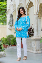 Sky Blue Floral Cotton Top for Women | Elegant Relaxed Fit Summer Top