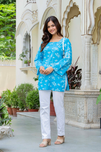 Sky Blue Floral Cotton Top for Women | Elegant Relaxed Fit Summer Top