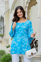 Sky Blue Floral Cotton Top for Women | Elegant Relaxed Fit Summer Top