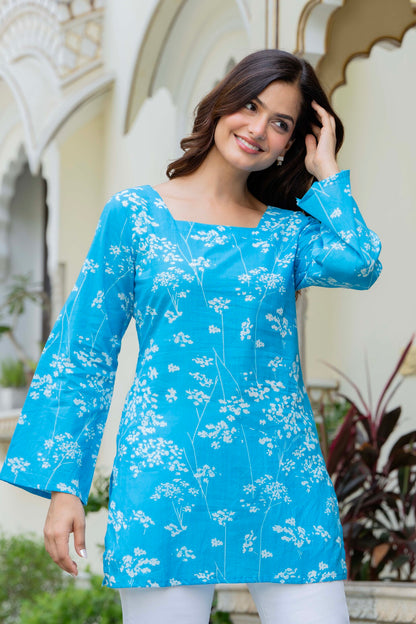 Sky Blue Floral Cotton Top for Women | Elegant Relaxed Fit Summer Top