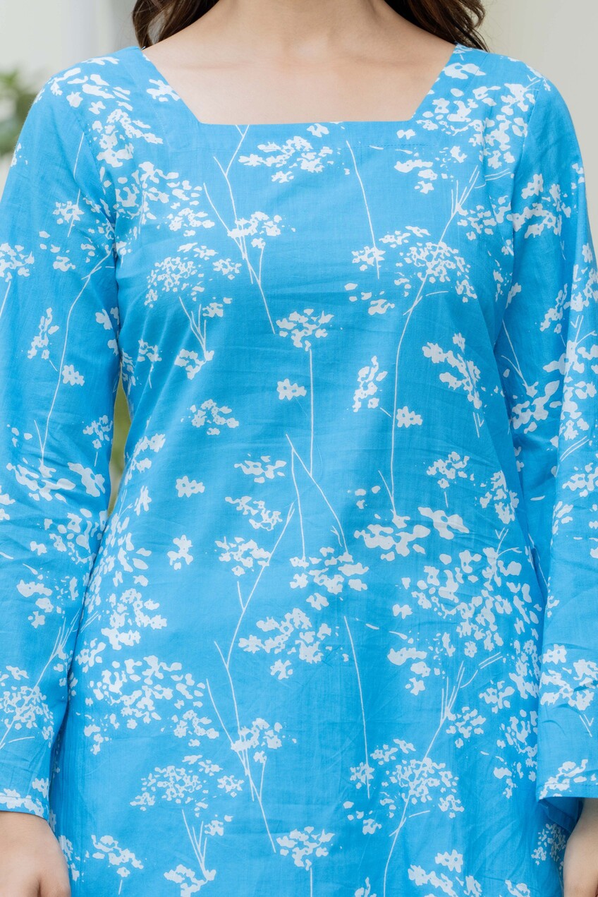 Sky Blue Floral Cotton Top for Women | Elegant Relaxed Fit Summer Top