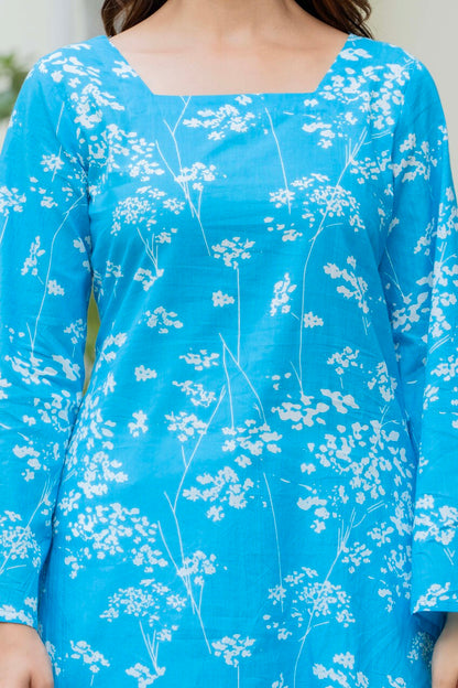 Sky Blue Floral Cotton Top for Women | Elegant Relaxed Fit Summer Top
