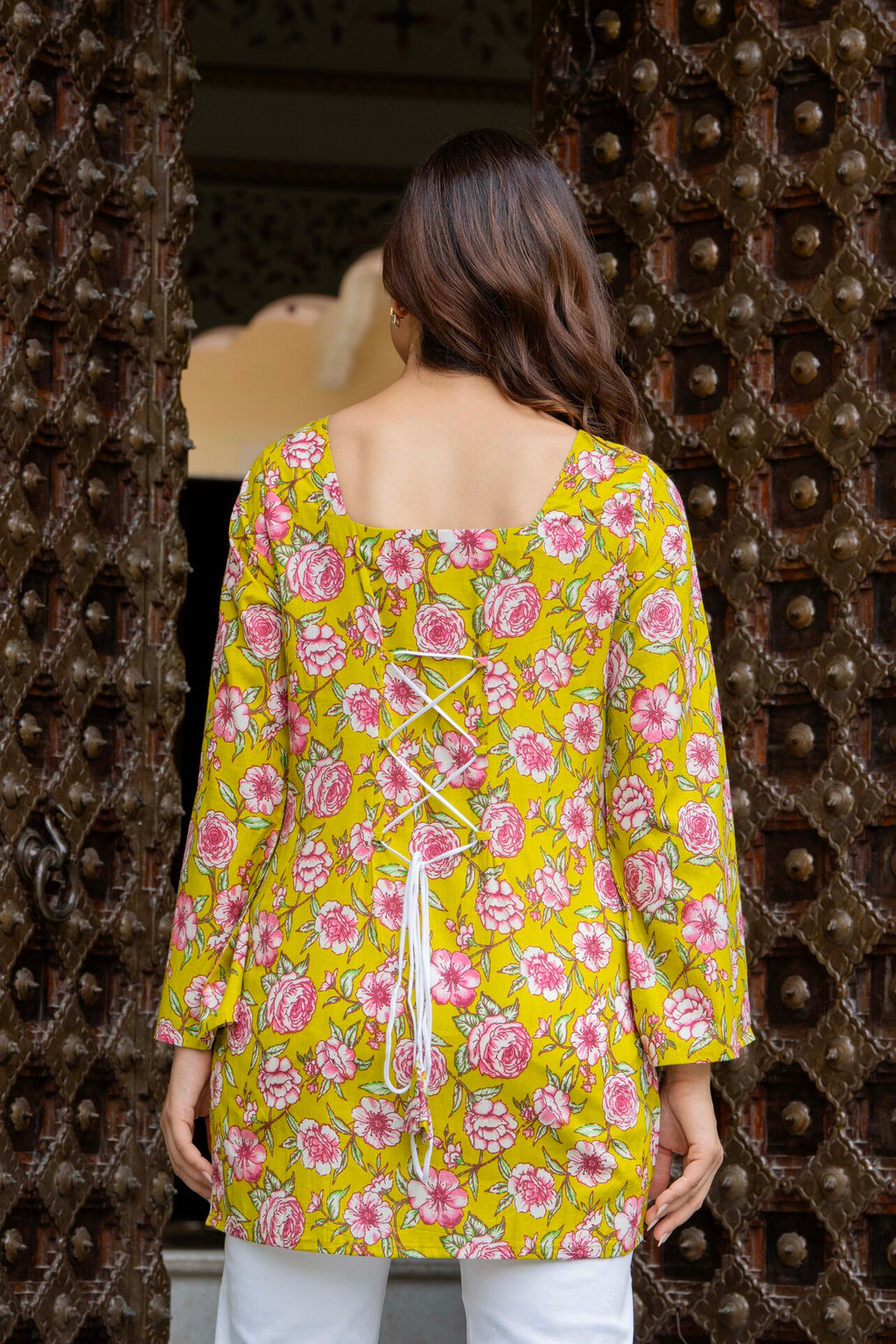 Sunshine Yellow Floral Cotton Top for Women | Statement Festive Casual Top