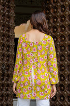 Sunshine Yellow Floral Cotton Top for Women | Statement Festive Casual Top