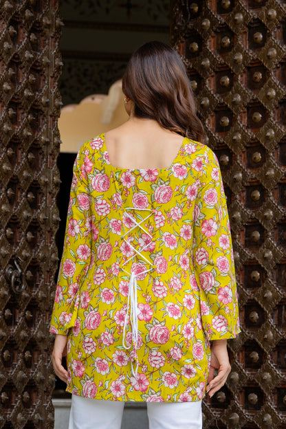 Sunshine Yellow Floral Cotton Top for Women | Statement Festive Casual Top