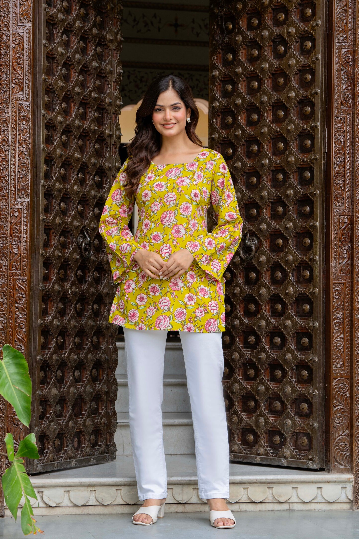 Sunshine Yellow Floral Cotton Top for Women | Statement Festive Casual Top