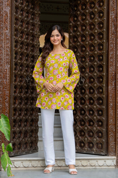 Sunshine Yellow Floral Cotton Top for Women | Statement Festive Casual Top