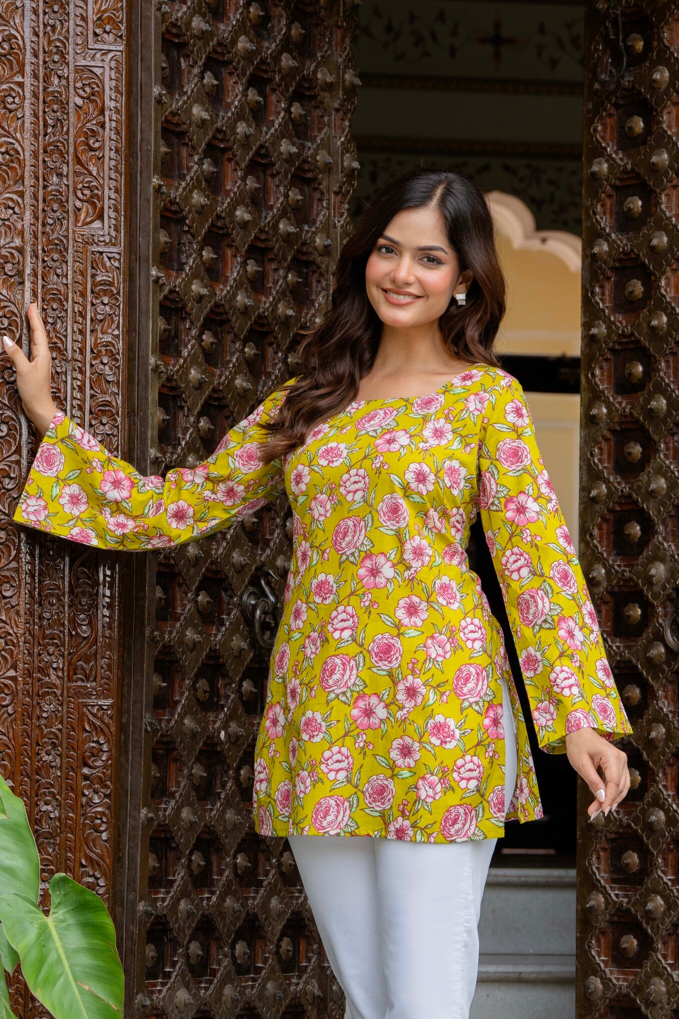 Sunshine Yellow Floral Cotton Top for Women | Statement Festive Casual Top