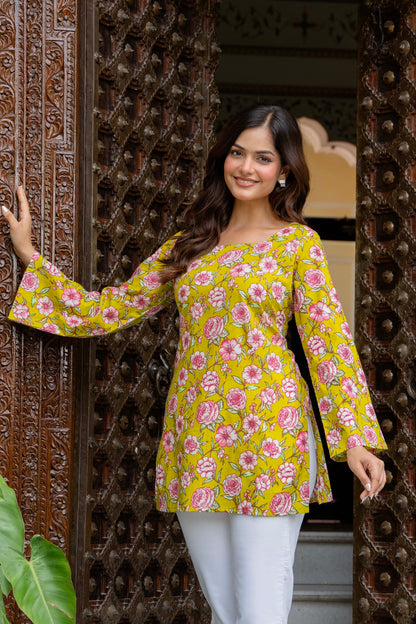 Sunshine Yellow Floral Cotton Top for Women | Statement Festive Casual Top