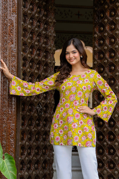 Sunshine Yellow Floral Cotton Top for Women | Statement Festive Casual Top