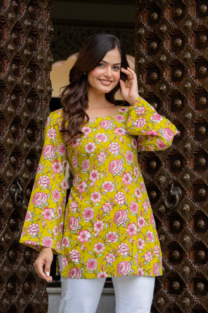 Sunshine Yellow Floral Cotton Top for Women | Statement Festive Casual Top